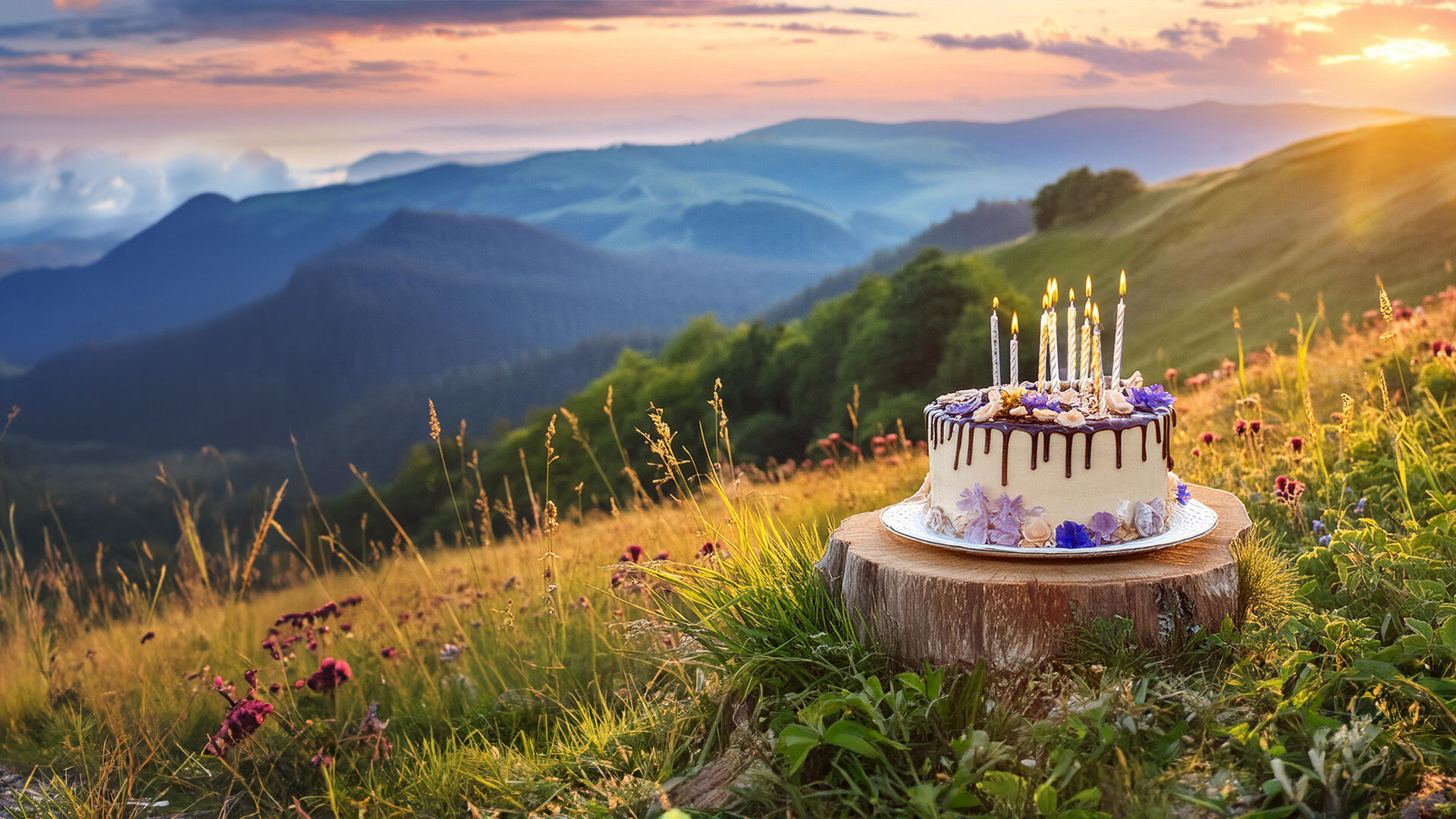 Pastel de cumpleaños decorado con flores y velas, colocado sobre un tronco en un campo de flores silvestres, con montañas al fondo durante el atardecer.