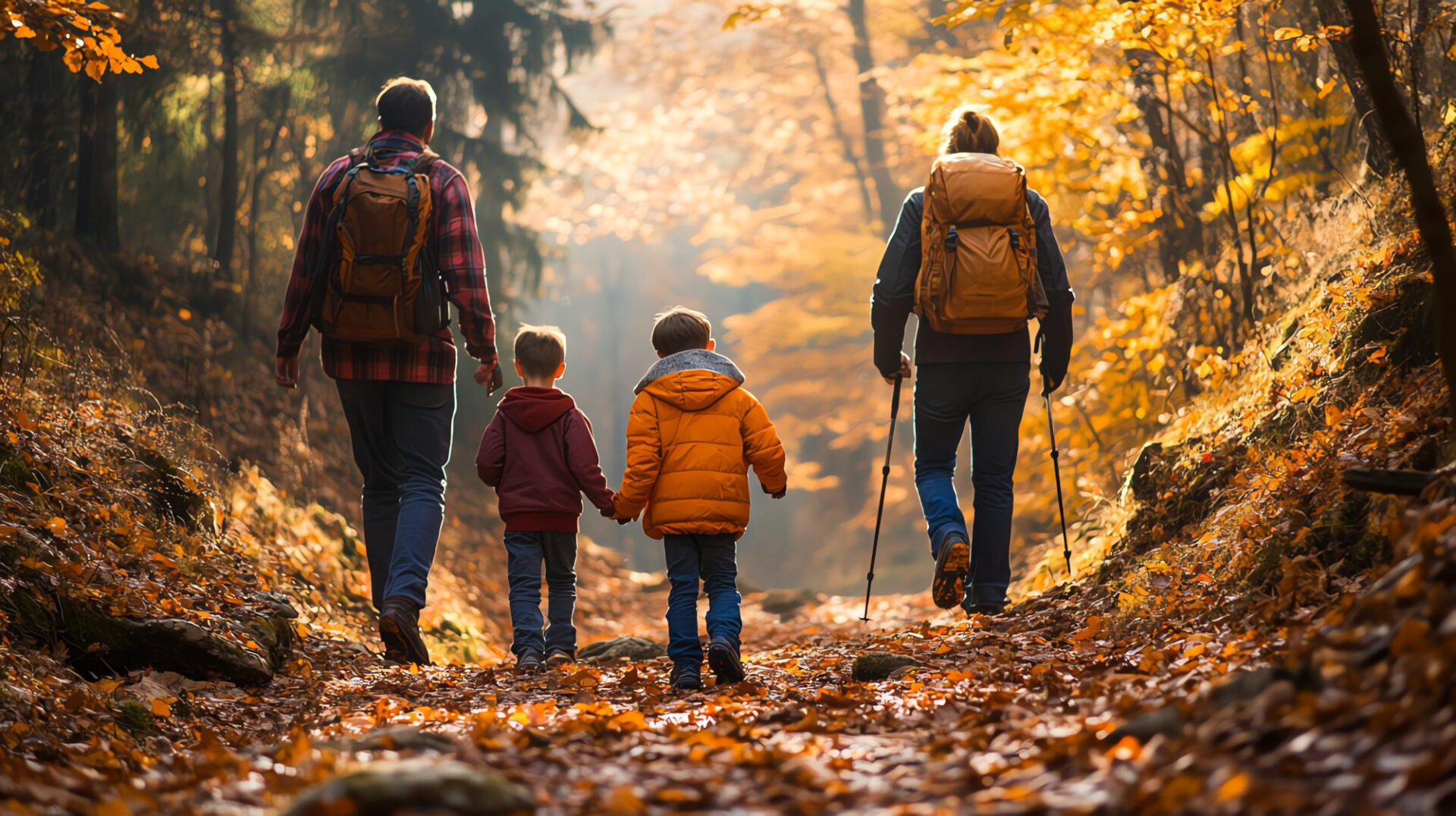 Familia haciendo senderismo en otoño