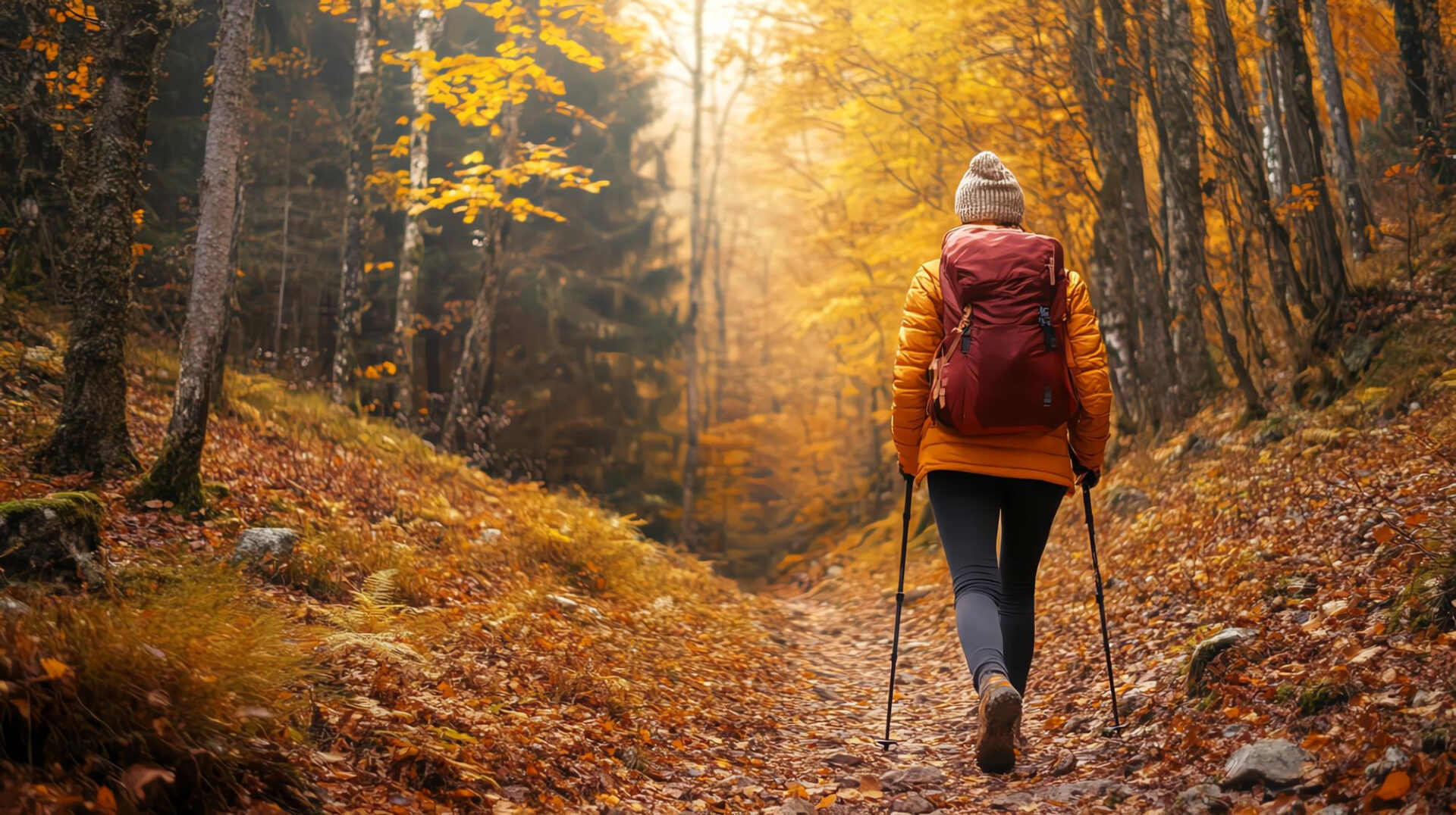 Persona haciendo senderismo en un bosque en otoño