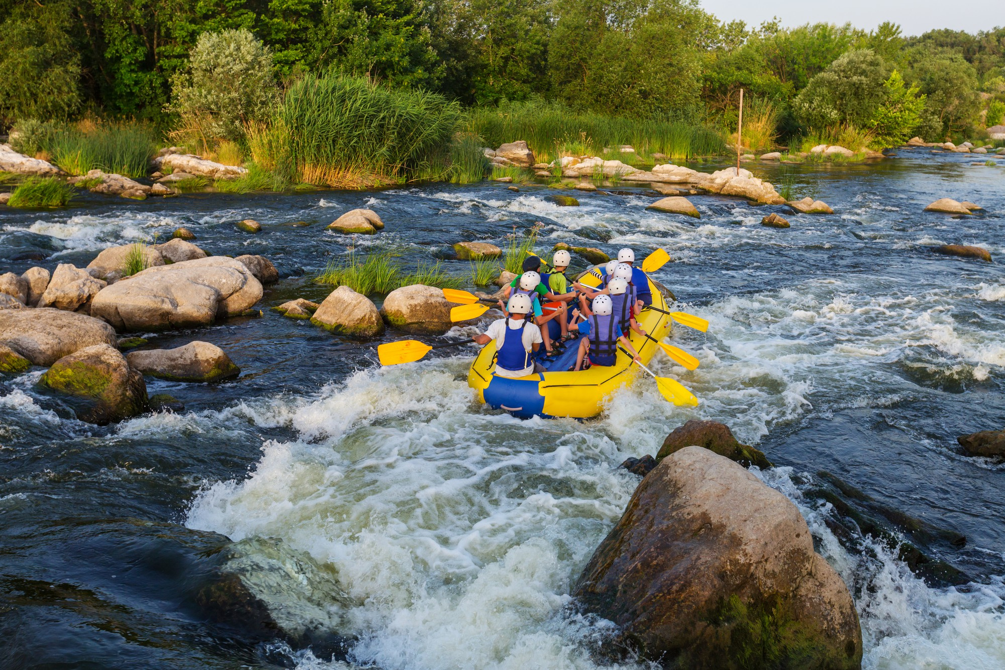 Grupo practicando rafting en un río de aguas bravas rodeado de naturaleza