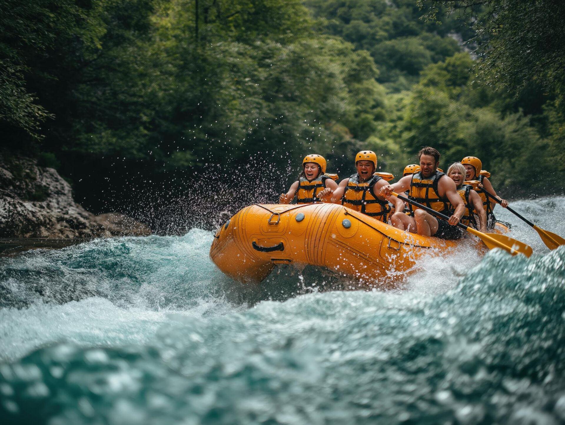 Grupo de personas practicando rafting como actividad de aventura en la naturaleza
