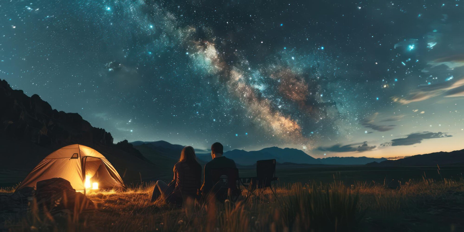 Gemini said Pareja sentada frente a una tienda de campaña iluminada, contemplando la Vía Láctea y un cielo estrellado sobre un paisaje de montañas.