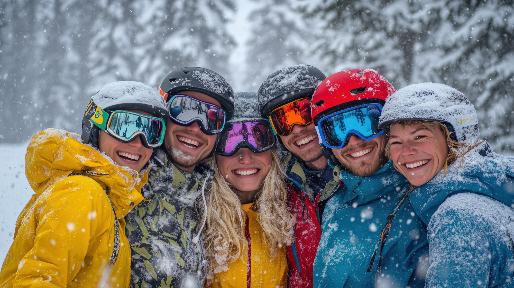Grupo de cinco amigos sonrientes con cascos y gafas de esquí, disfrutando juntos de un día de nieve en la montaña durante las vacaciones de Semana Santa