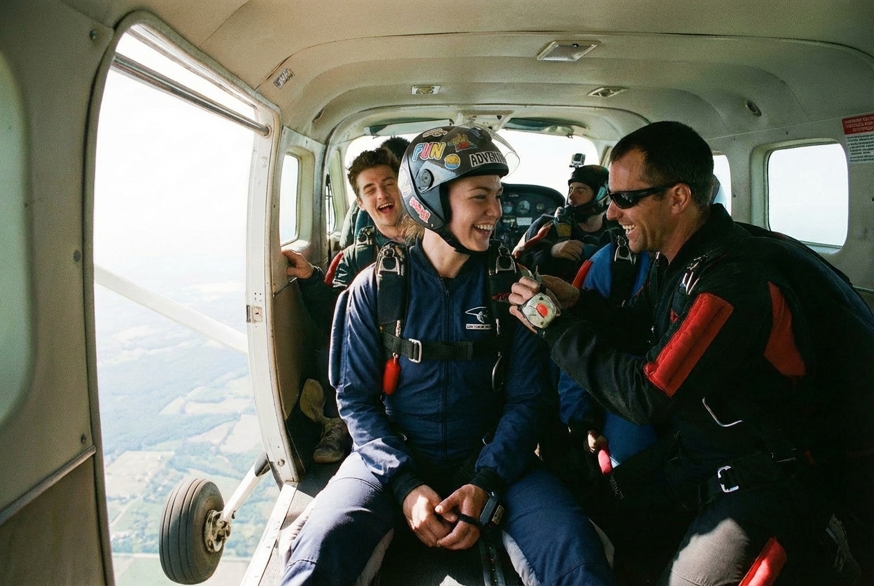 Persona preparándose dentro de una avioneta antes di un salto en paracaídas.