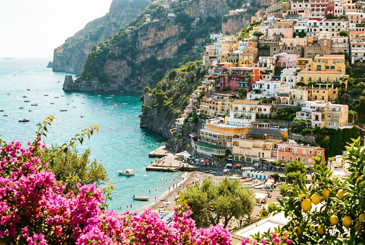 Vista panorámica de Positano, con sus coloridas casas en la ladera y buganvillas en primer plano, descendiendo hacia el mar turquesa.