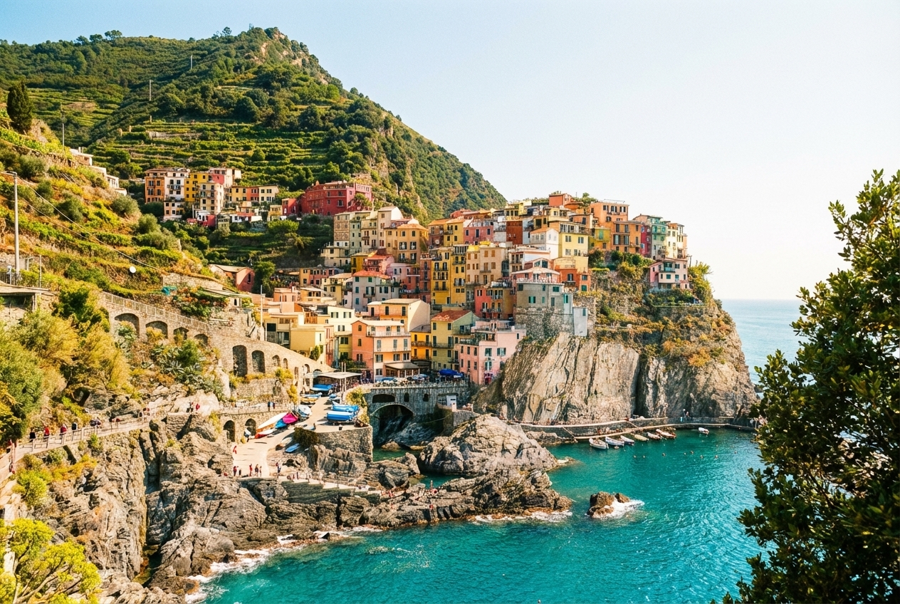 Vista panorámica del pintoresco pueblo costero de Manarola en Cinque Terre, Italia, con coloridas casas construidas en un acantilado escarpado que desciende hasta el mar Tirreno de aguas turquesas.