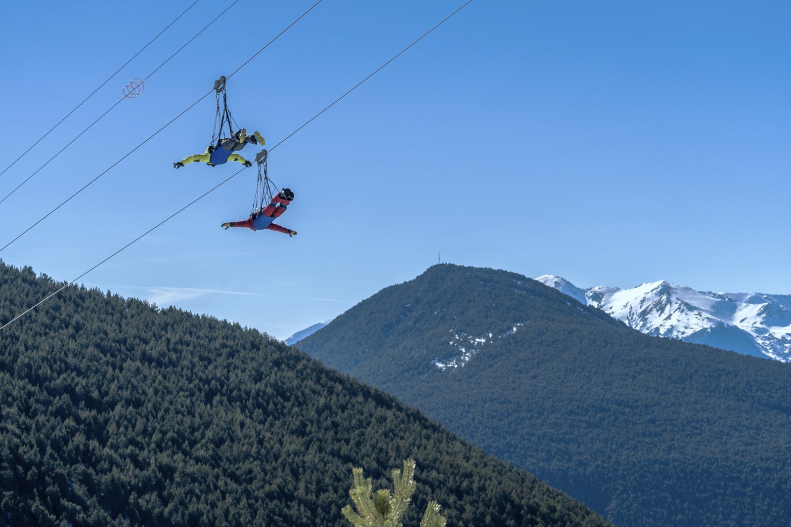 Dos personas volando en tándem en la tirolina de Canillo, Andorra, suspendidas sobre un valle pirenaico con bosques de coníferas y cumbres nevadas al fondo bajo cielo azul intenso