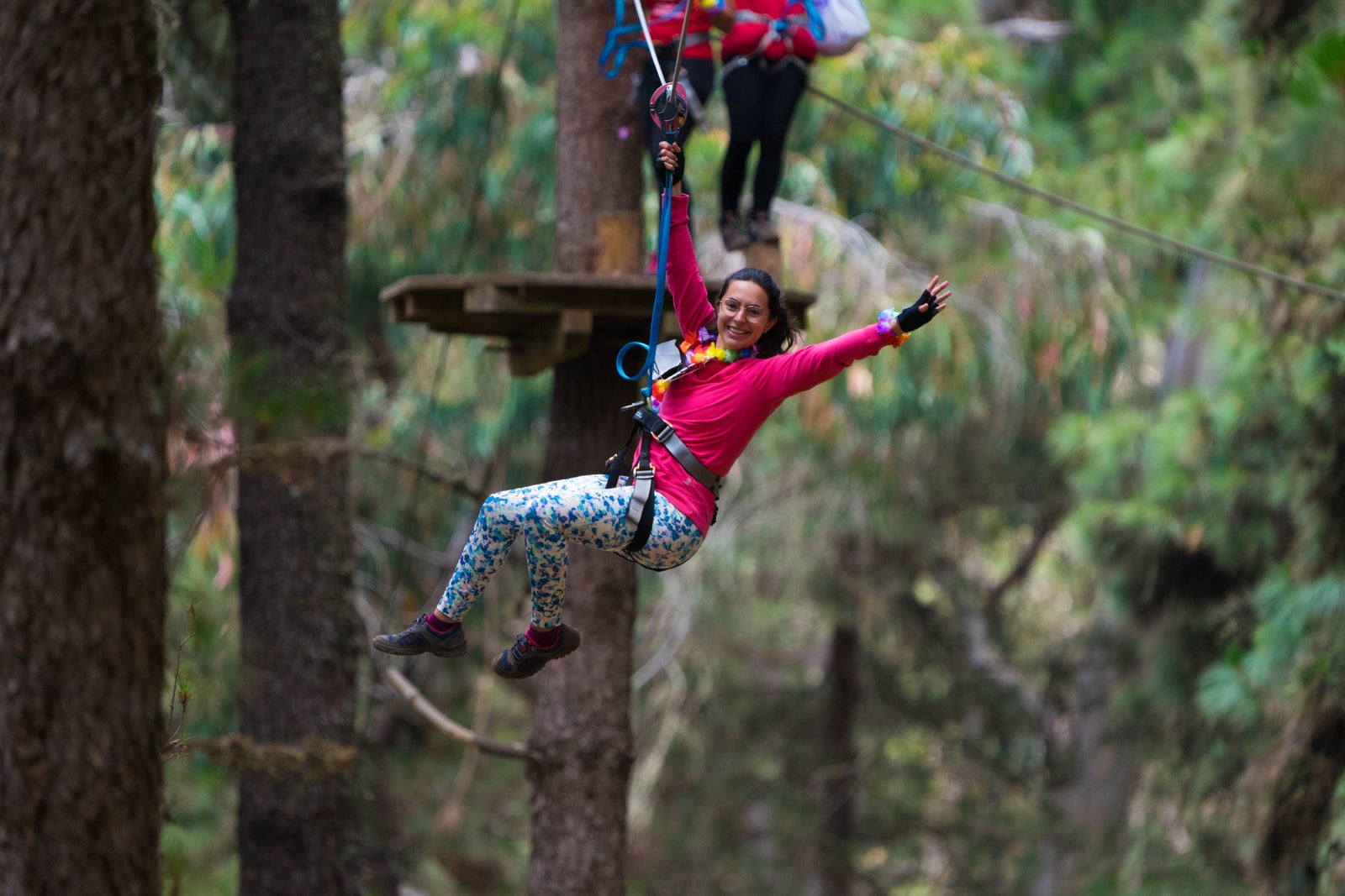 Mujer cruzando un puente colgante entre los árboles en un circuito de parque multiaventura en el bosque