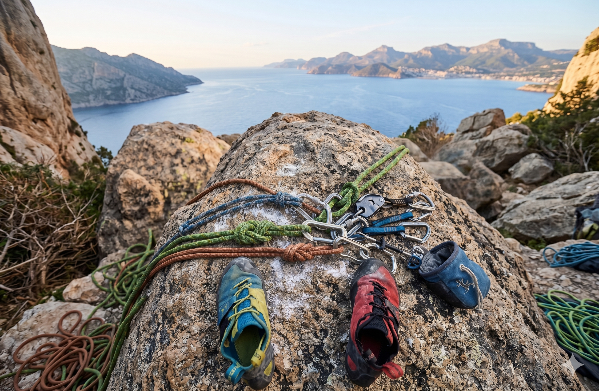 Primer plano de equipo de escalada con cuerdas, mosquetones y pies de gato sobre una roca frente al mar.