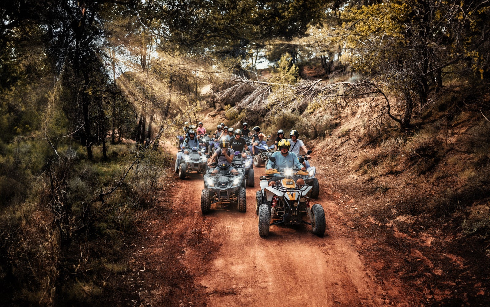 Un grupo de personas conduciendo varios quads por un sendero de tierra rojiza en un bosque arbolado.