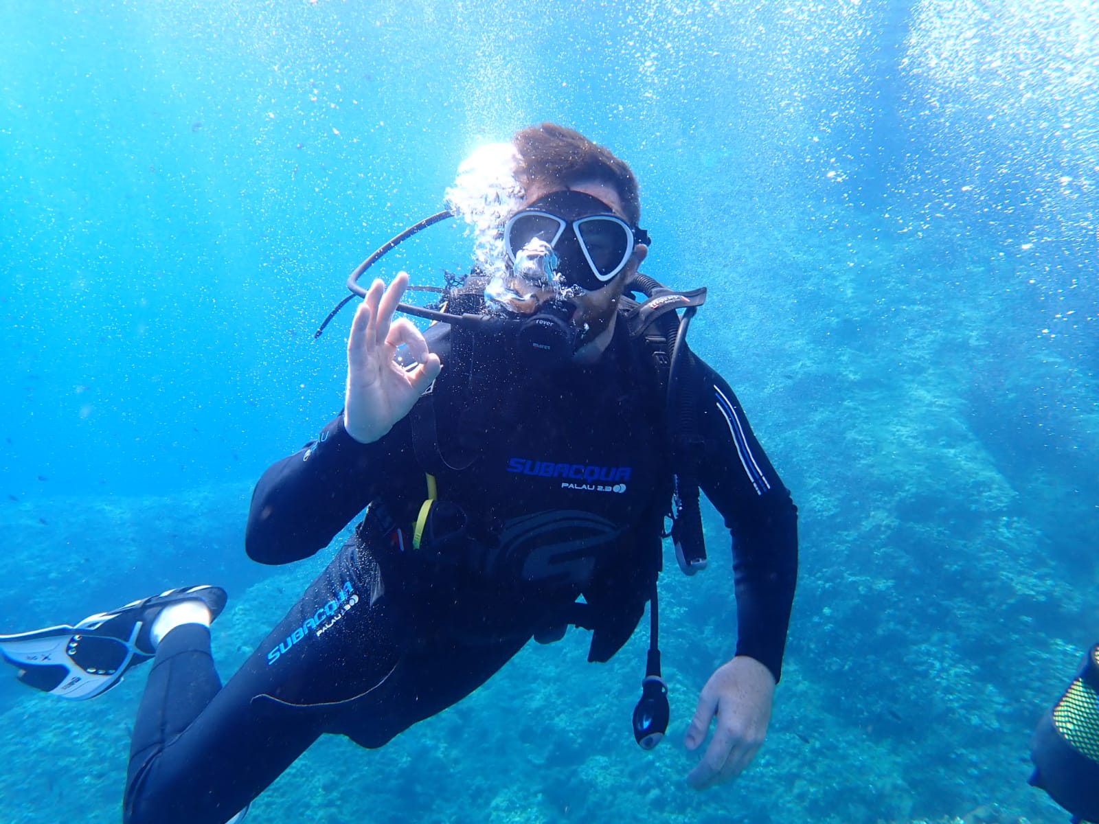 Un buceador bajo el agua haciendo el gesto de "OK" con la mano, equipado con traje de neopreno, máscara y regulador en un entorno marino de aguas azules.